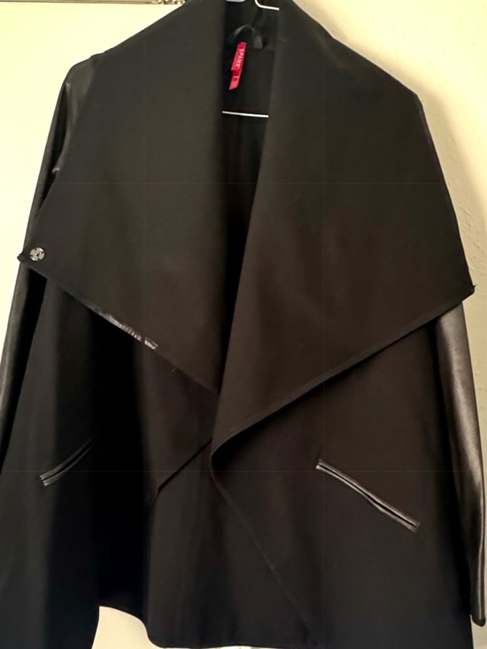 SPANX Jackets & Blazers - SPANX Black Draped Open-Front Cape with Faux-Leather Trim